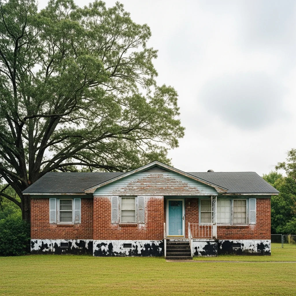 Older 1950s-era home in Lawndale, North Carolina showing exterior moisture damage indicators — dark foundation staining and efflorescence on brick — typical of Cleveland County homes with vented crawl spaces