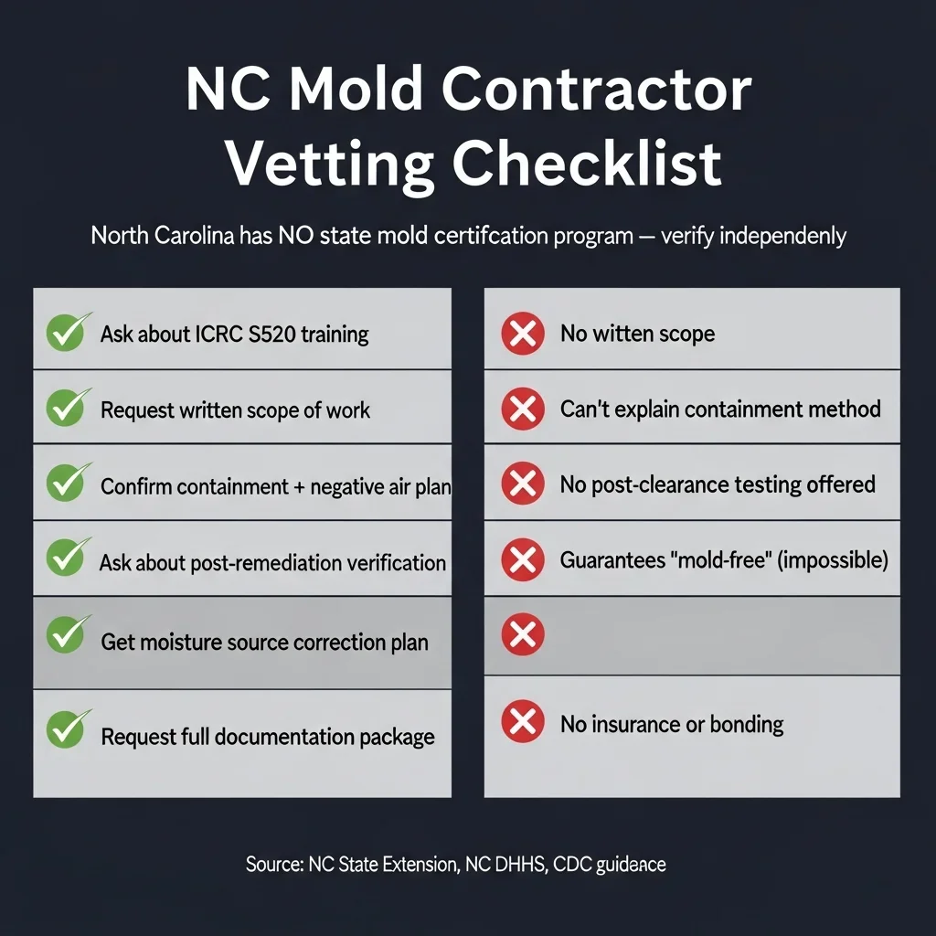 NC mold contractor vetting checklist — no state mold license exists in North Carolina, IICRC S520 is the benchmark