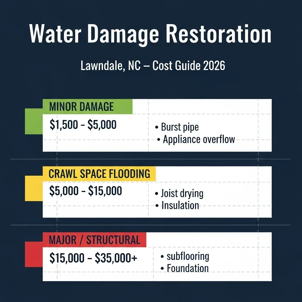 Water damage restoration cost tiers for Lawndale, NC homes