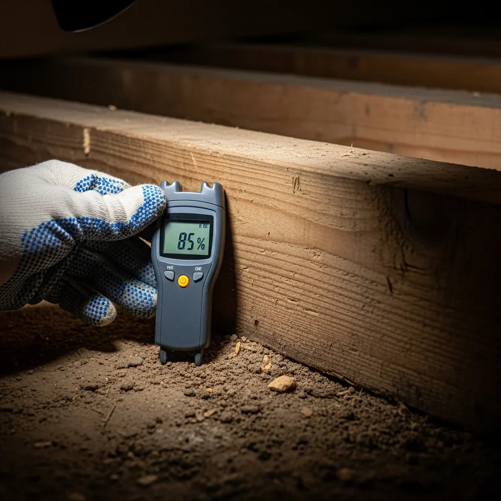 Moisture meter reading on 1950s pine floor joist in Lawndale, NC crawl space showing high moisture content from Piedmont clay soil saturation