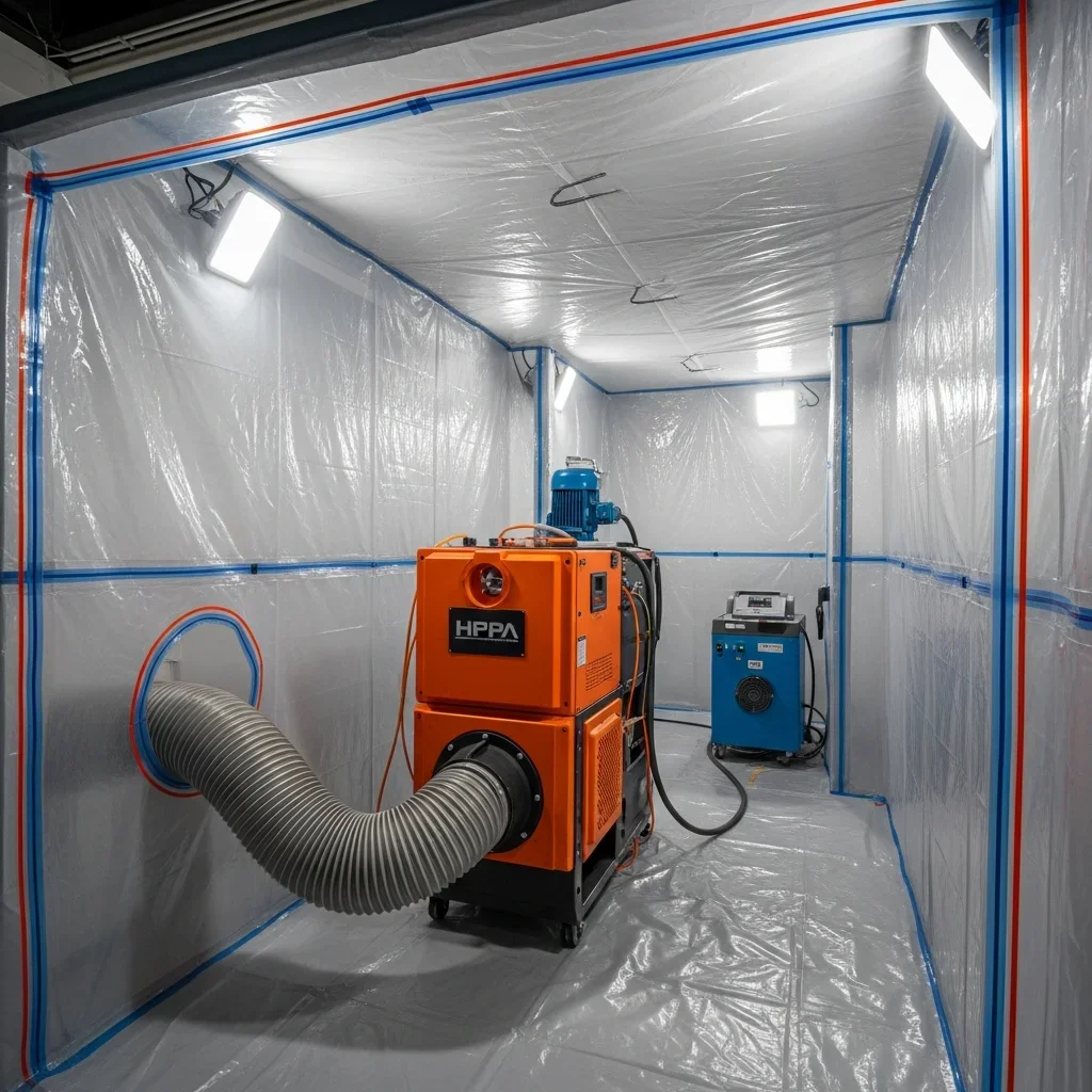 HEPA air scrubber and negative air machine running inside sealed containment zone during mold remediation in Lawndale, NC