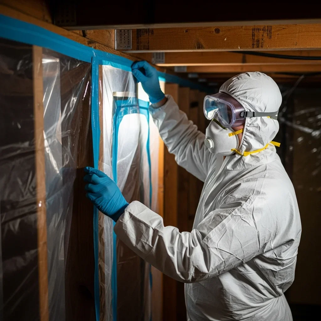 Palm Build technician in Tyvek suit and respirator setting up negative air pressure containment for mold remediation in Lawndale, NC
