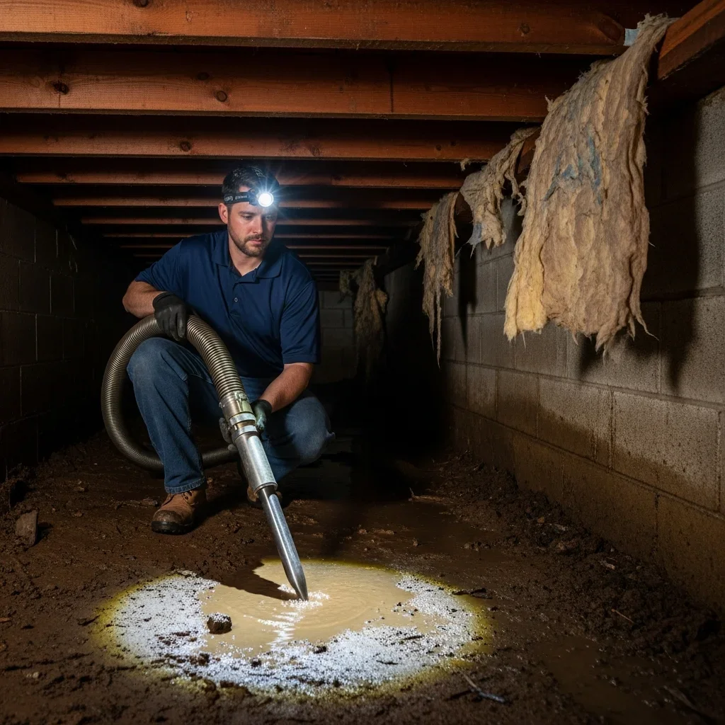 Palm Build technician extracting water from crawl space in Lawndale, North Carolina home using truck-mounted extraction equipment