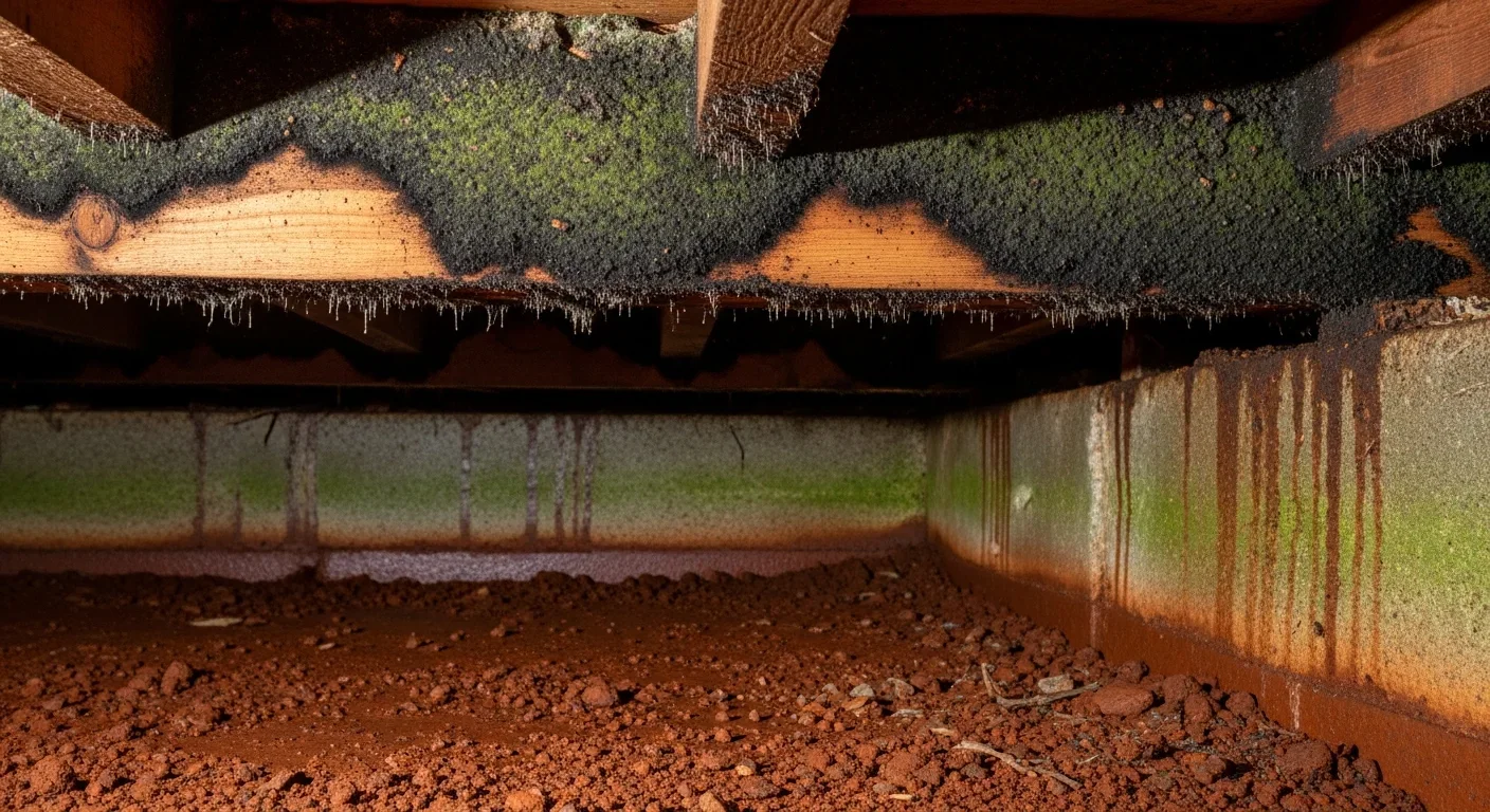 Crawl space mold on subfloor joists in Lenoir NC home with clay soil moisture damage