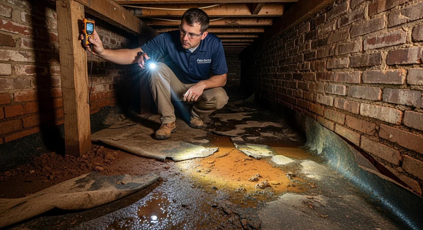 Palm Build technician assessing crawl space water intrusion in older Lenoir NC brick ranch home with visible moisture on wood framing