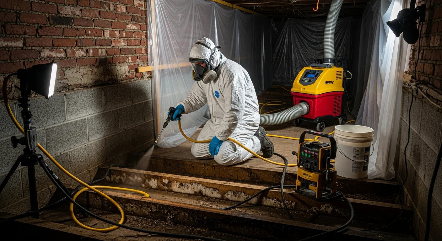 IICRC-certified Palm Build mold remediation technician in white Tyvek suit working in crawl space of older brick ranch home in Lenoir NC foothills