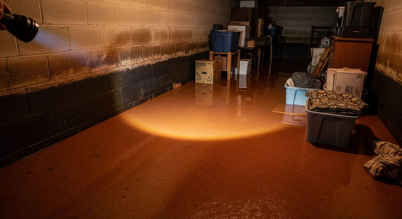 Lenoir NC basement before water damage restoration — clay-soil groundwater saturation after Helene-level rainfall with standing water on concrete floor
