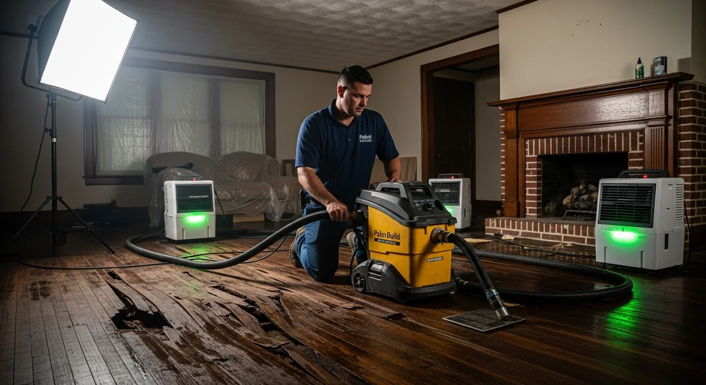 IICRC-certified Palm Build technician performing water extraction in older Lenoir NC brick ranch home with commercial truck-mounted equipment