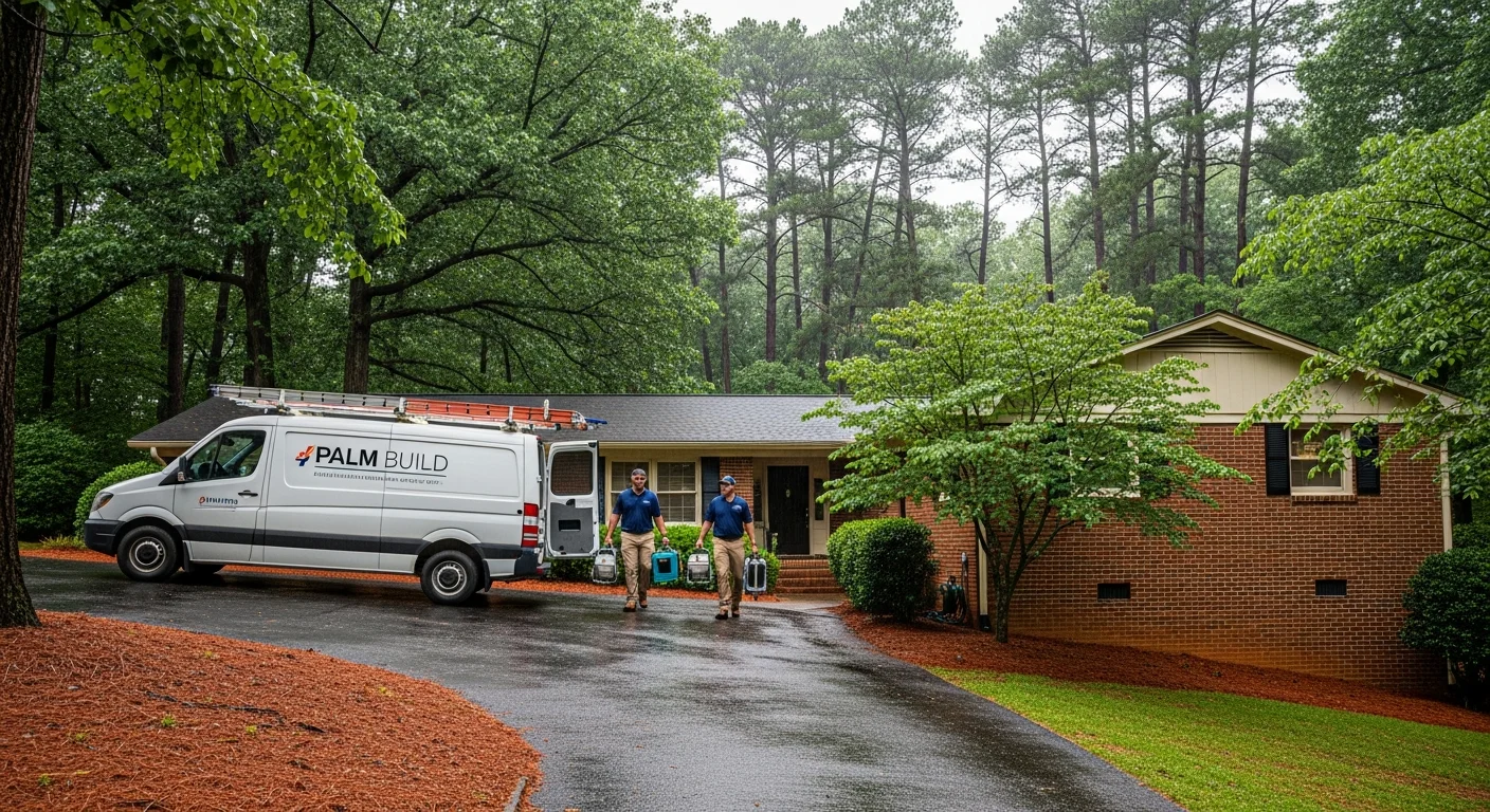 Palm Build restoration van on brick ranch home driveway in Lenoir NC foothills with red clay soil and mixed hardwood tree canopy after heavy rain