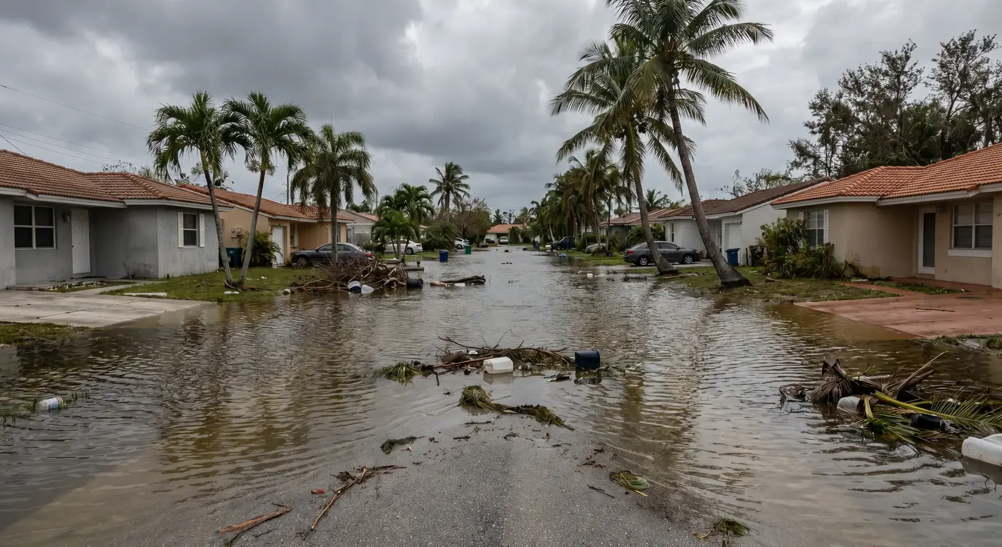 Post-storm coastal flooding in Lighthouse Point FL with water from the Intracoastal Waterway approaching canal-front residential properties