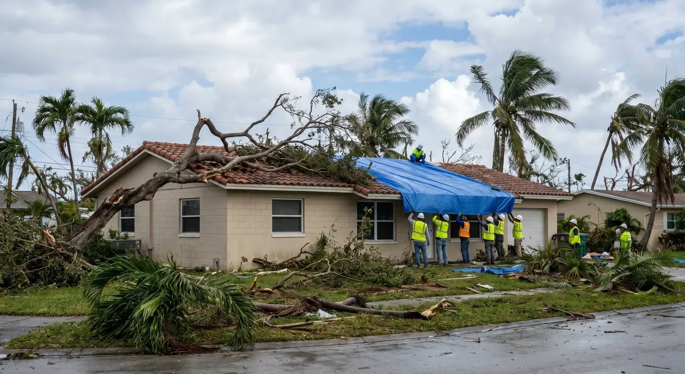 Hurricane storm damage in Lighthouse Point FL showing wind and surge damage to canal-front waterfront homes near the Intracoastal Waterway