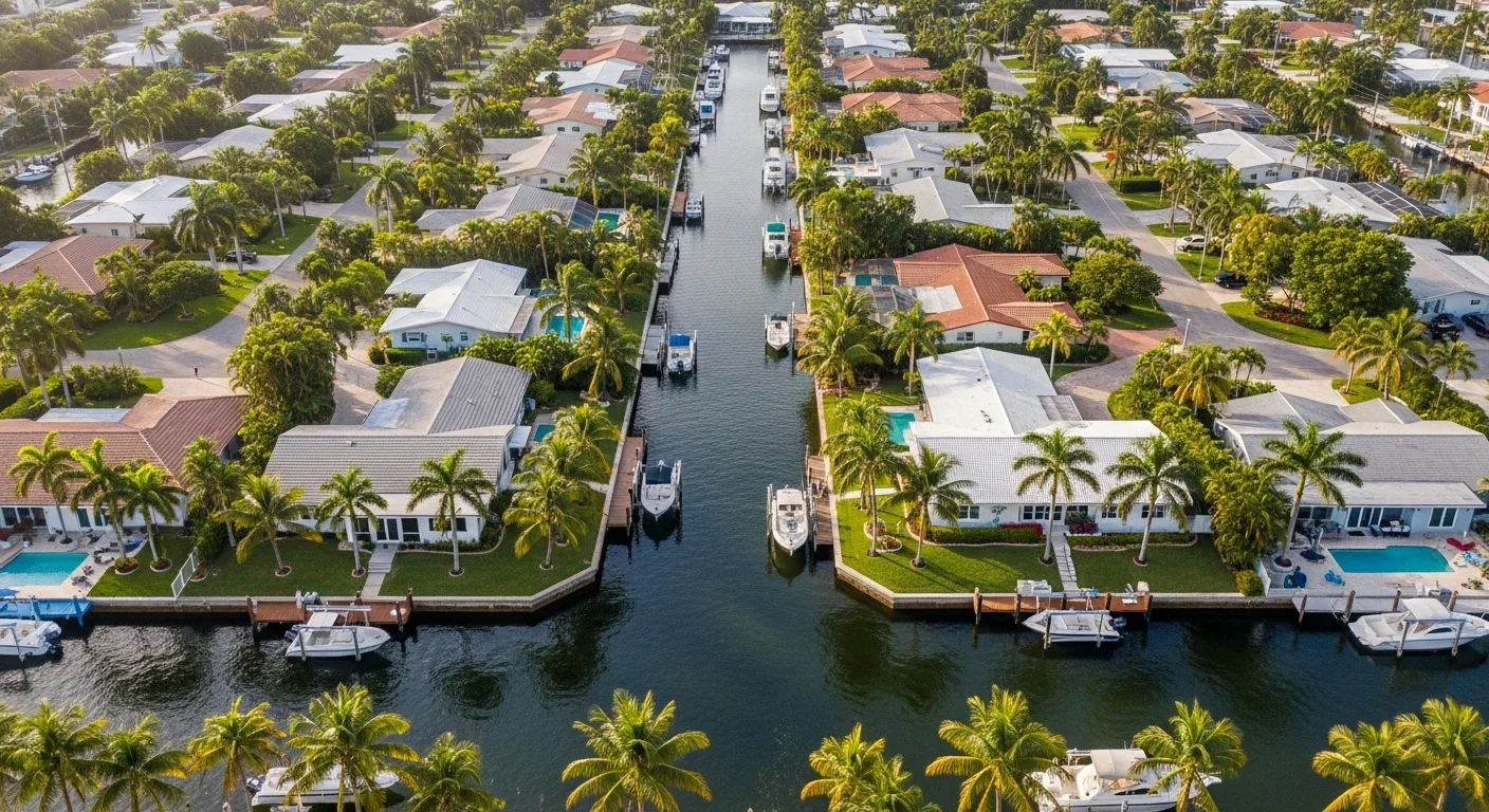 Aerial view of Lighthouse Point Florida waterfront canal homes with private docks along navigable saltwater canals in the Hillsboro Isles HOA community
