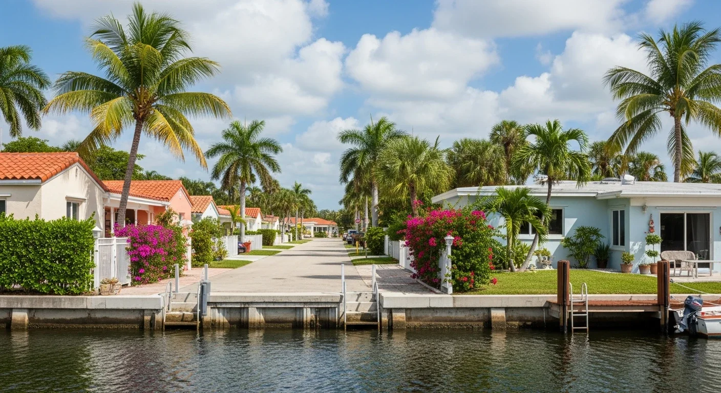 Restored mid-century CBS stucco homes on a Lighthouse Point Florida residential canal street