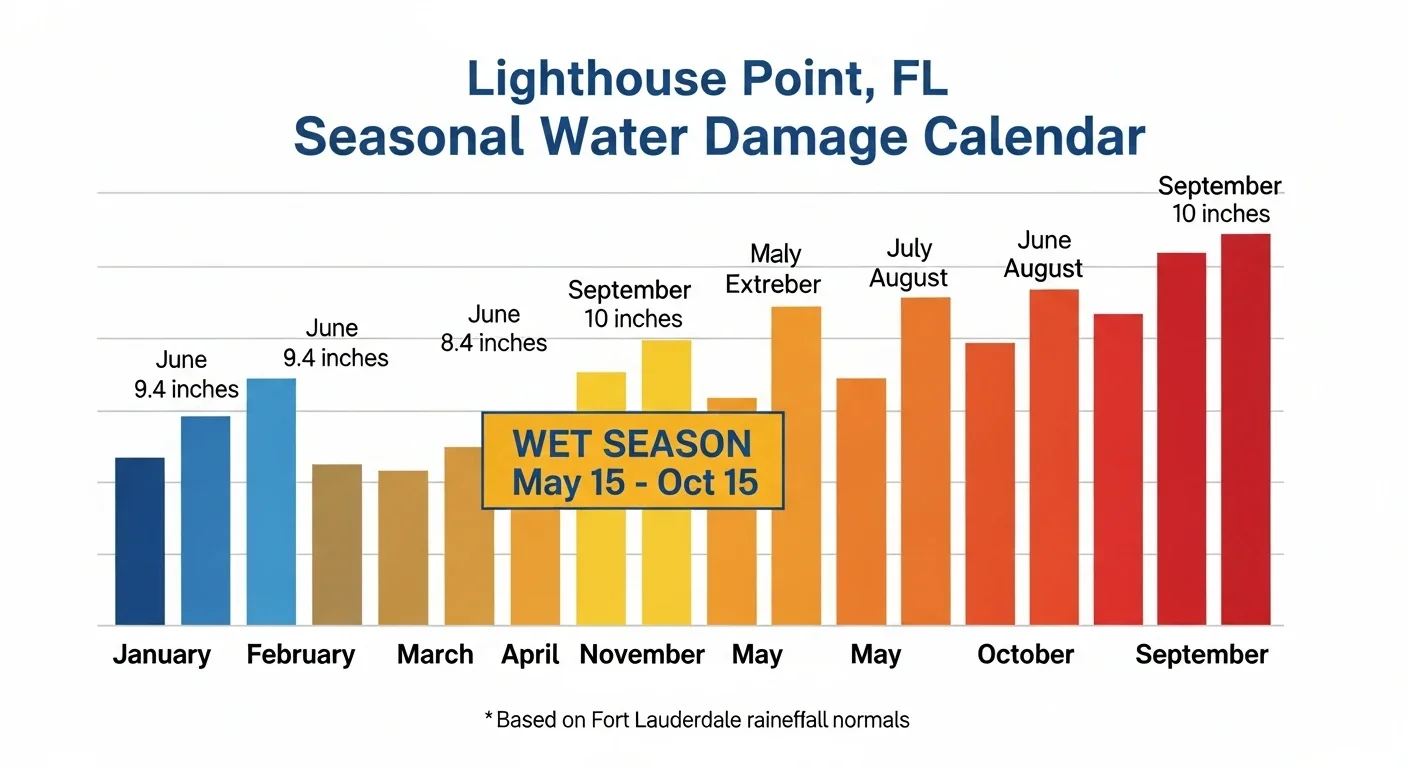 Seasonal storm damage calendar showing hurricane risk timeline for Lighthouse Point FL homeowners on the Intracoastal Waterway