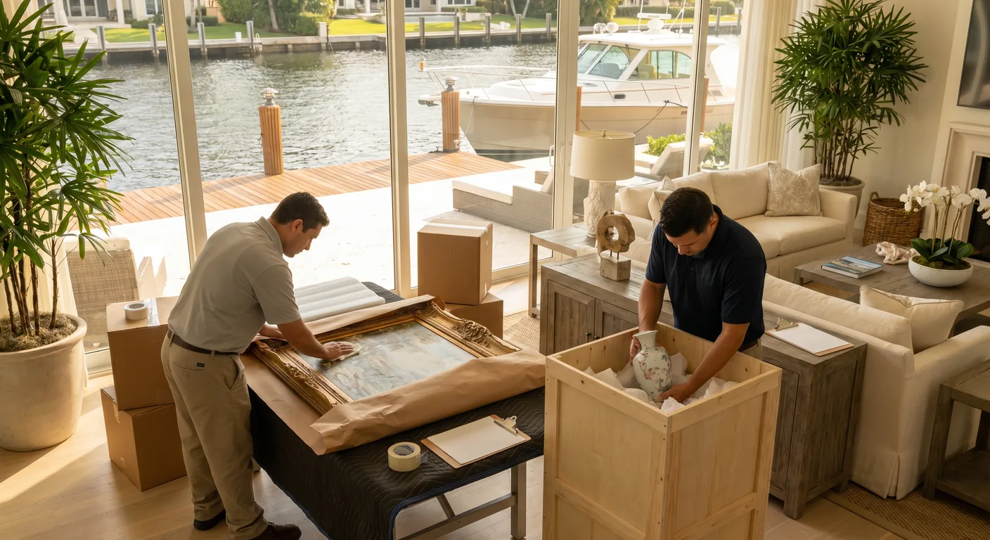 Palm Build technicians carefully packing and inventorying high-value furnishings and art from a Lighthouse Point Florida waterfront canal-front estate after water damage
