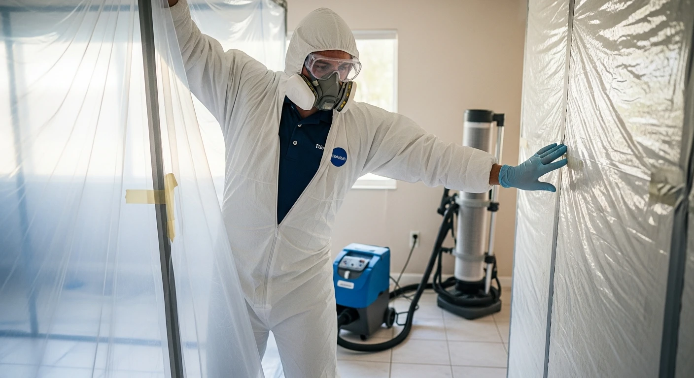 DBPR-licensed mold remediation technician in full PPE with containment barrier inside a Lighthouse Point Florida CBS stucco home