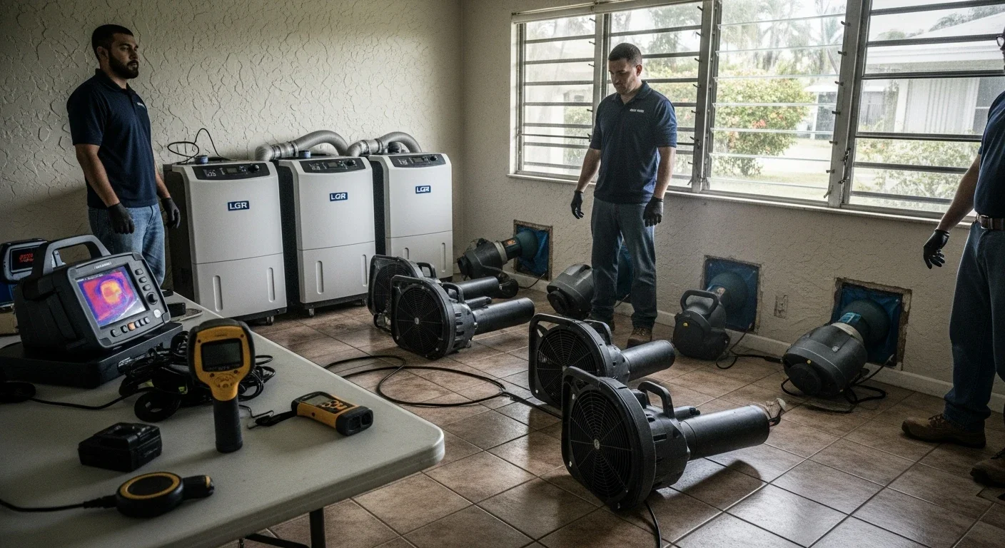 Industrial drying equipment deployed across multiple rooms in a Lighthouse Point large loss project