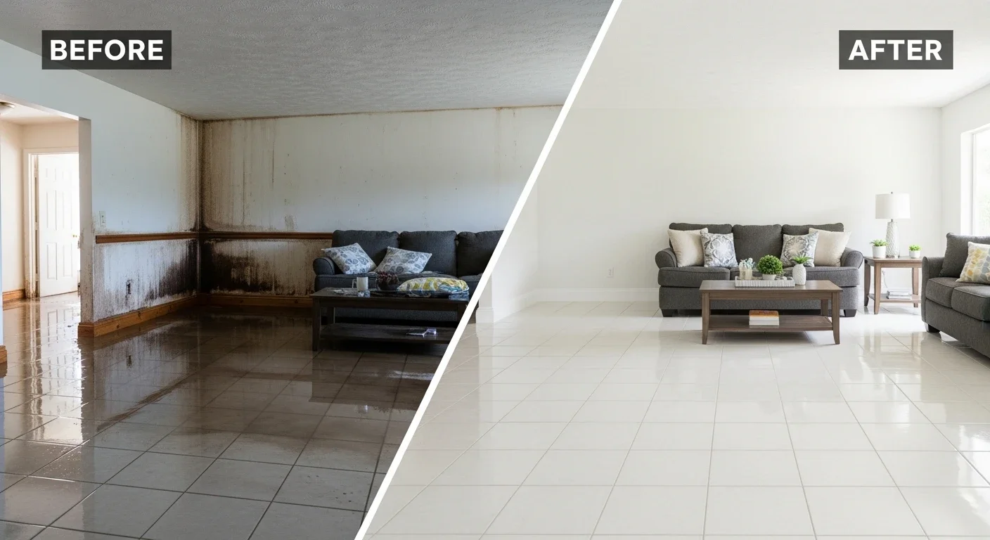 Before and after comparison of water damage restoration at a Lighthouse Point canal-front home