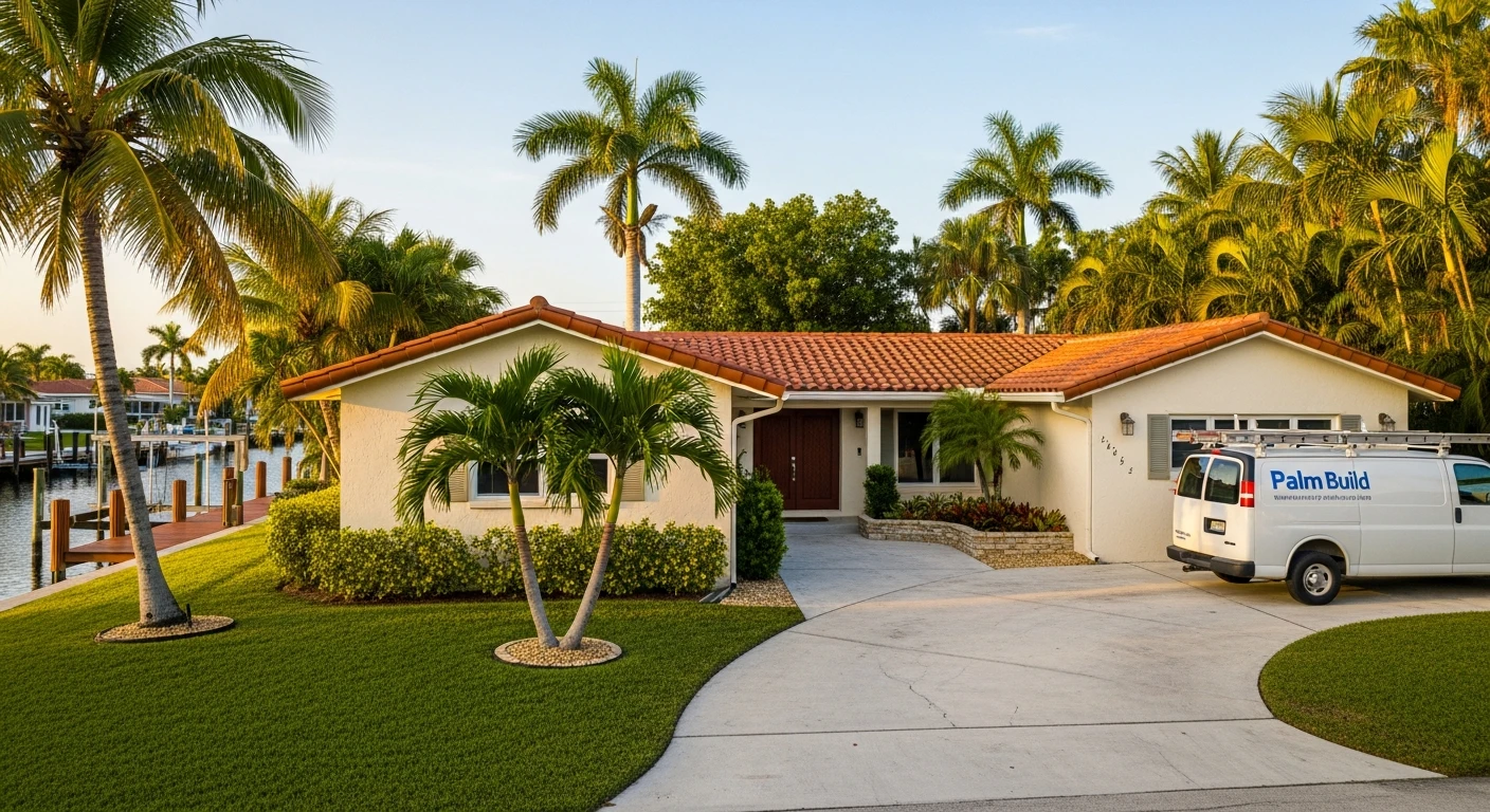 Palm Build restoration truck parked at a 1960s CBS stucco home in Lighthouse Point, Florida with canal visible in the background