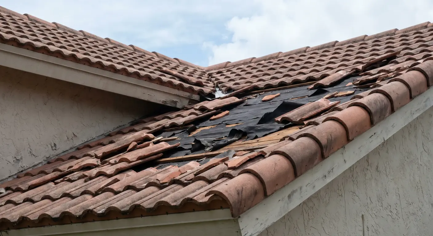 Barrel tile roof wind damage on a Lighthouse Point FL home showing displaced tiles and exposed underlayment after storm