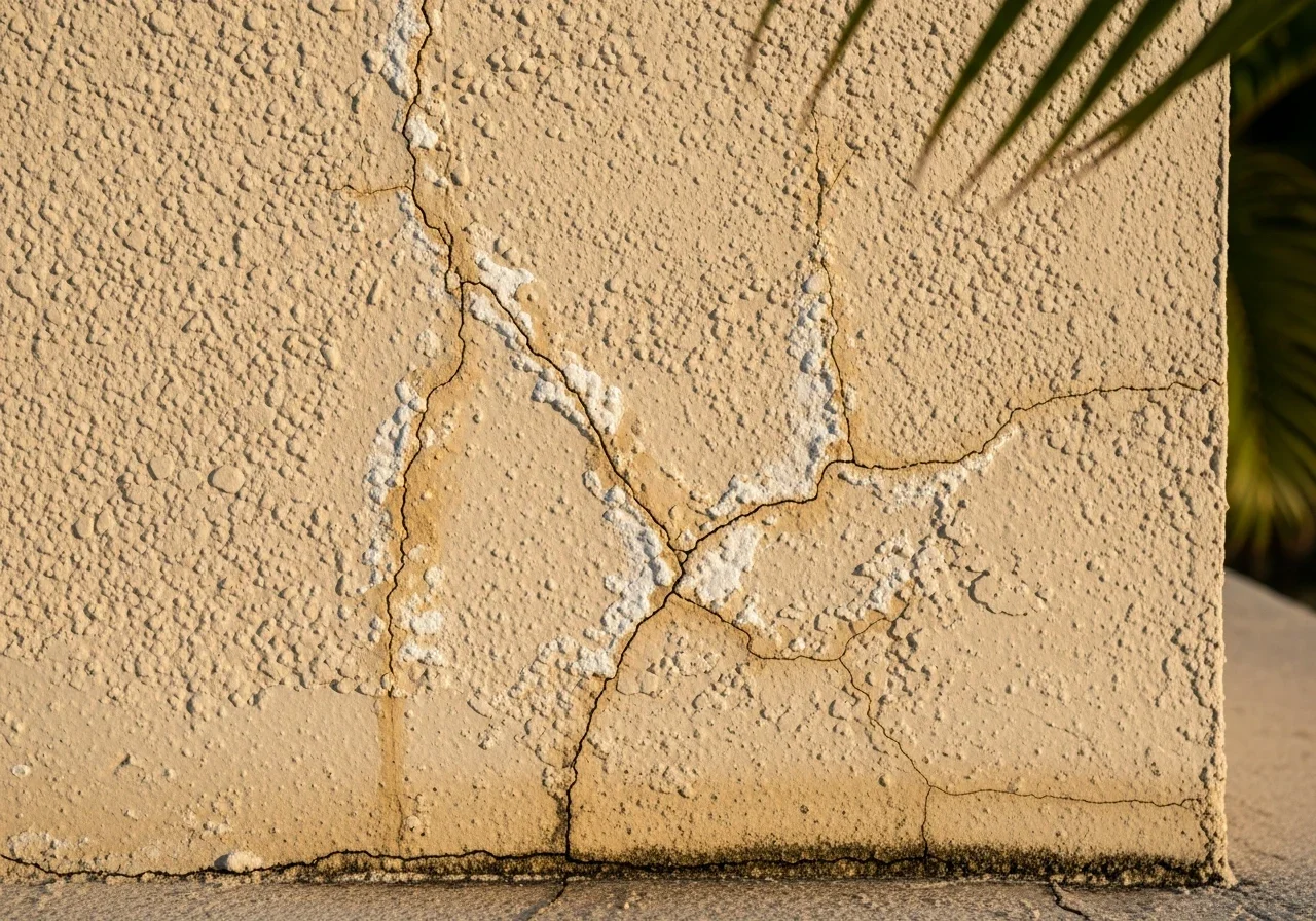 Close-up of stucco water intrusion and moisture source at a Lighthouse Point CBS home exterior