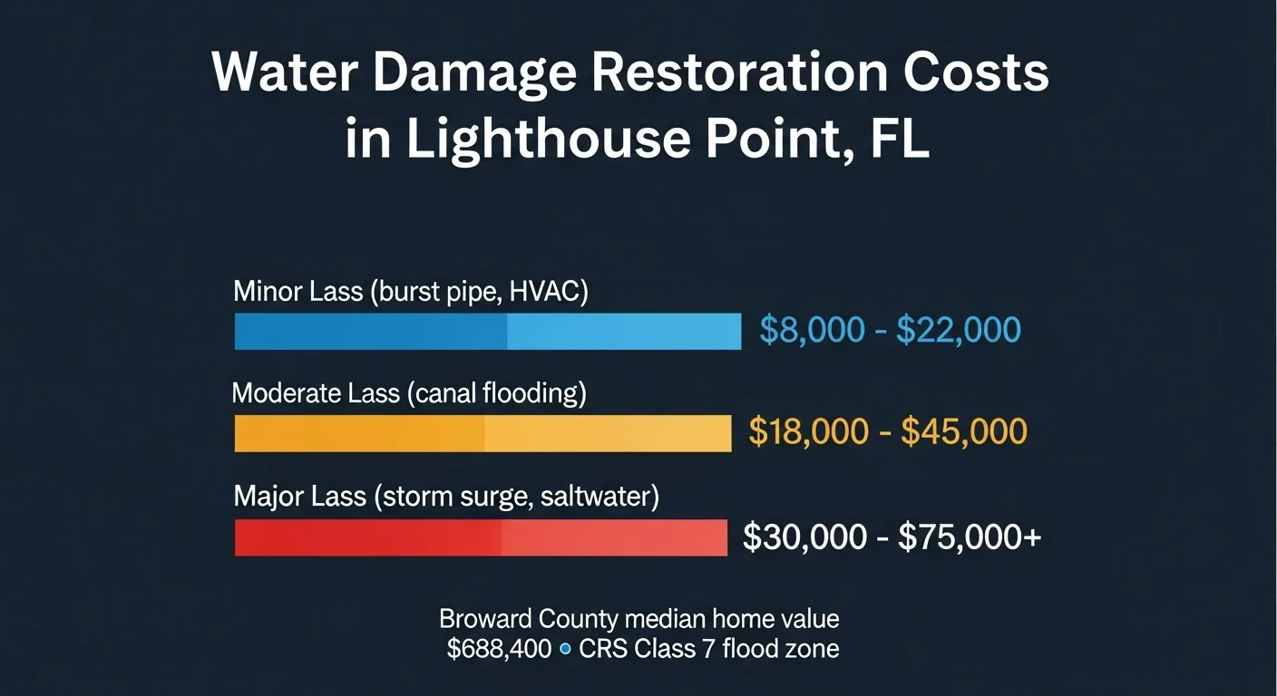 Water damage cost documentation showing extent of saltwater intrusion damage in a Lighthouse Point FL waterfront home requiring insurance claim