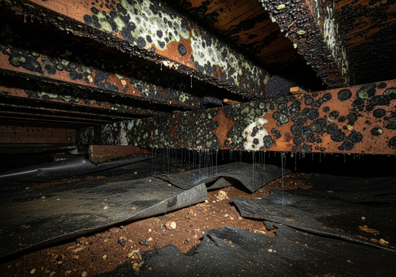 Mold-covered floor joists in a Lincolnton NC crawl space before mold remediation