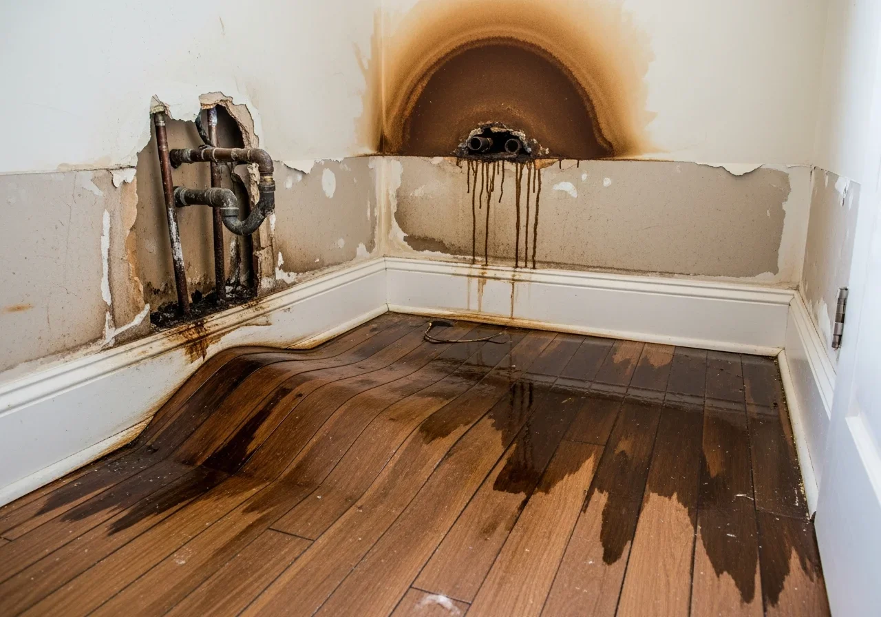 Water damage in Lincolnton NC home showing buckled hardwood floors and stained drywall after pipe burst