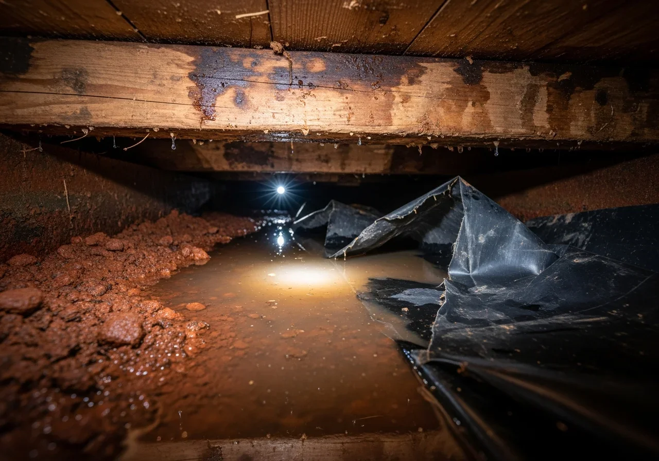 Standing water and displaced vapor barrier in a vented crawl space beneath a Lincolnton, North Carolina home showing Piedmont clay soil drainage failure