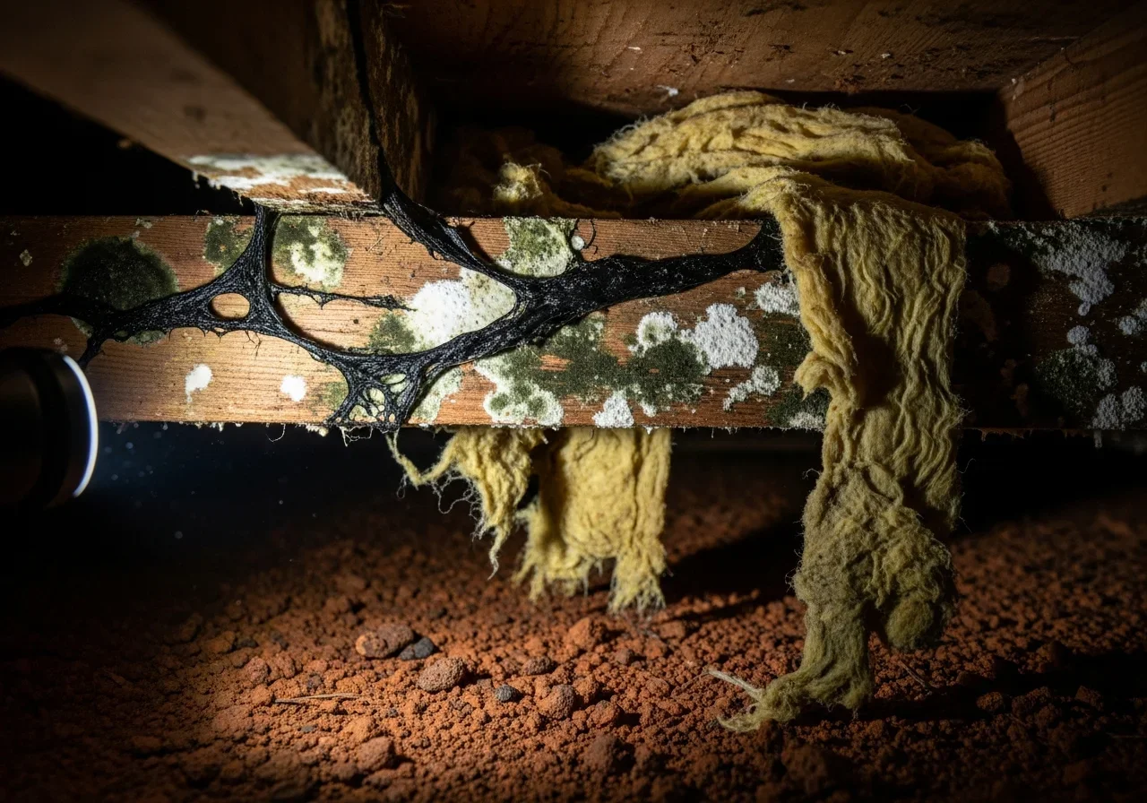 Black and green mold colonies covering floor joists in a vented crawl space beneath a Lincolnton, North Carolina home