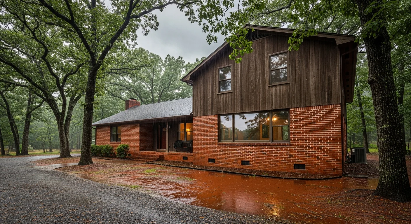 Older brick-and-wood-frame home in Lincolnton, North Carolina after heavy rainfall with water pooling near crawl space foundation vents and mature oak trees surrounding the property