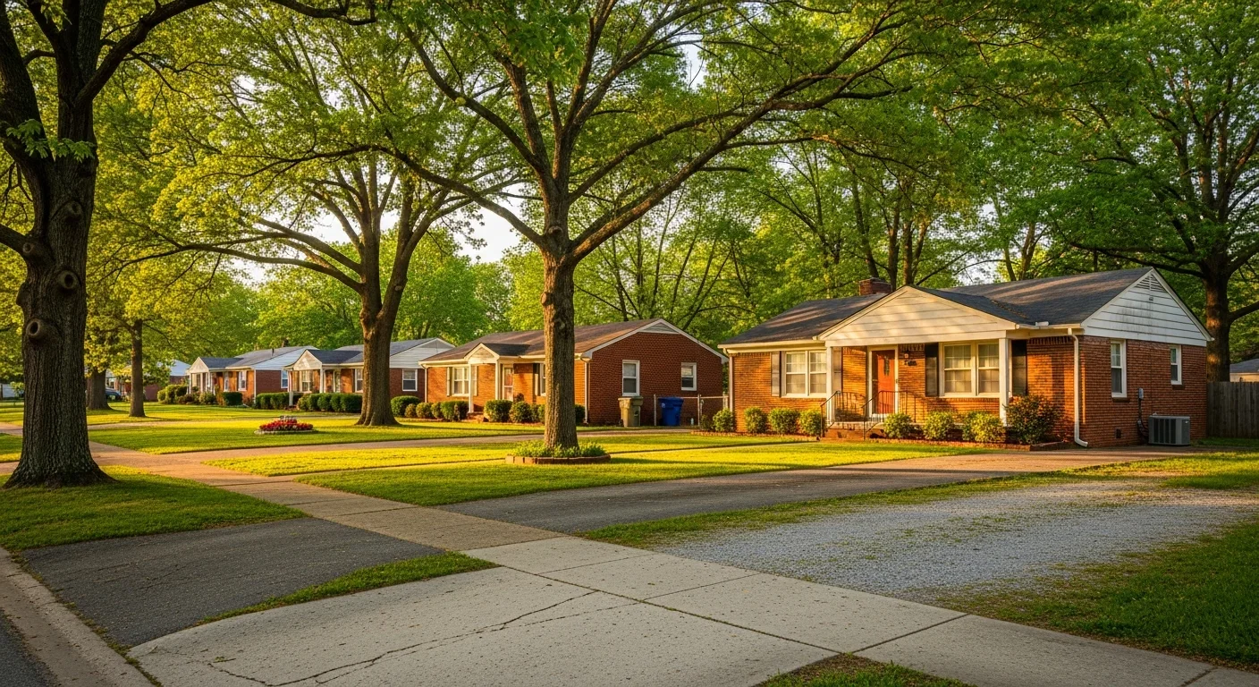 Residential street in Lincolnton, North Carolina showing older brick ranch homes with mature oak trees and Piedmont clay soil landscaping