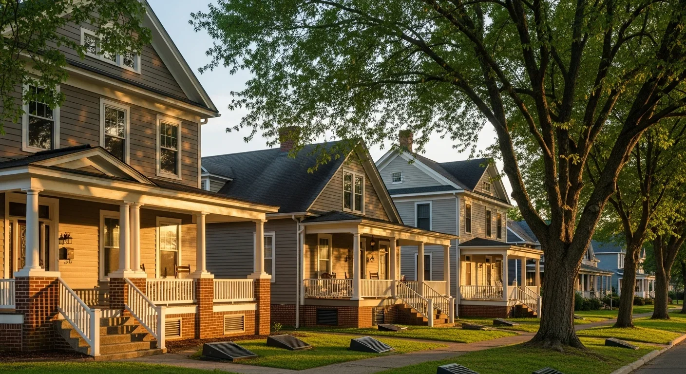 Historic in-town Lincolnton North Carolina homes with crawl space foundations and mature trees showing typical mid-century construction