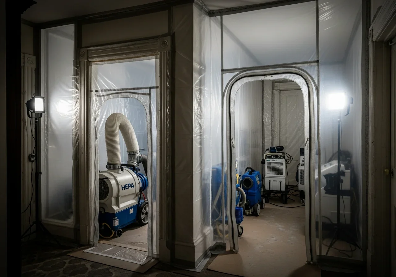 Professional mold remediation containment setup in a Lincolnton North Carolina home hallway with plastic sheeting and negative air pressure machine