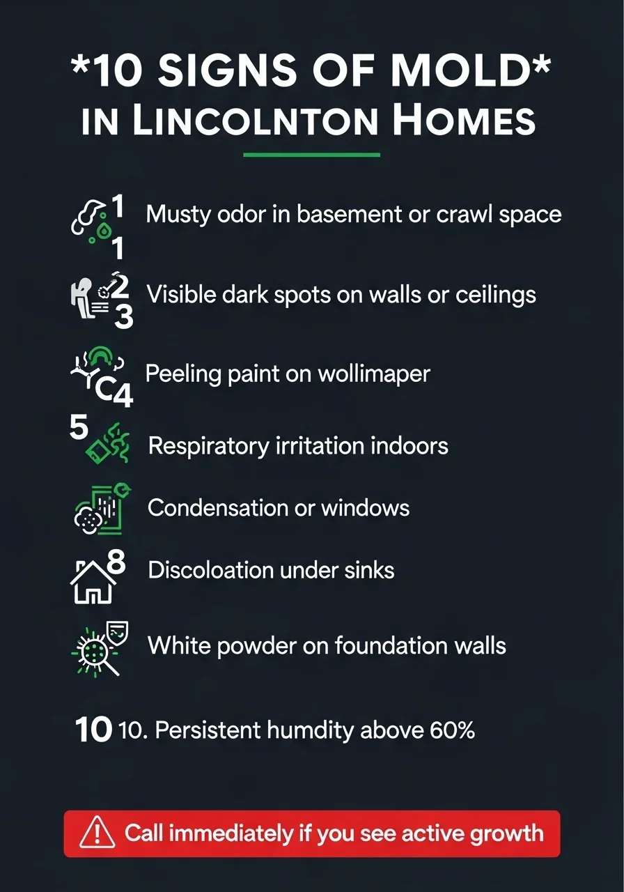 10 mold warning signs for Lincolnton NC homes infographic showing checklist of visible and health-related indicators