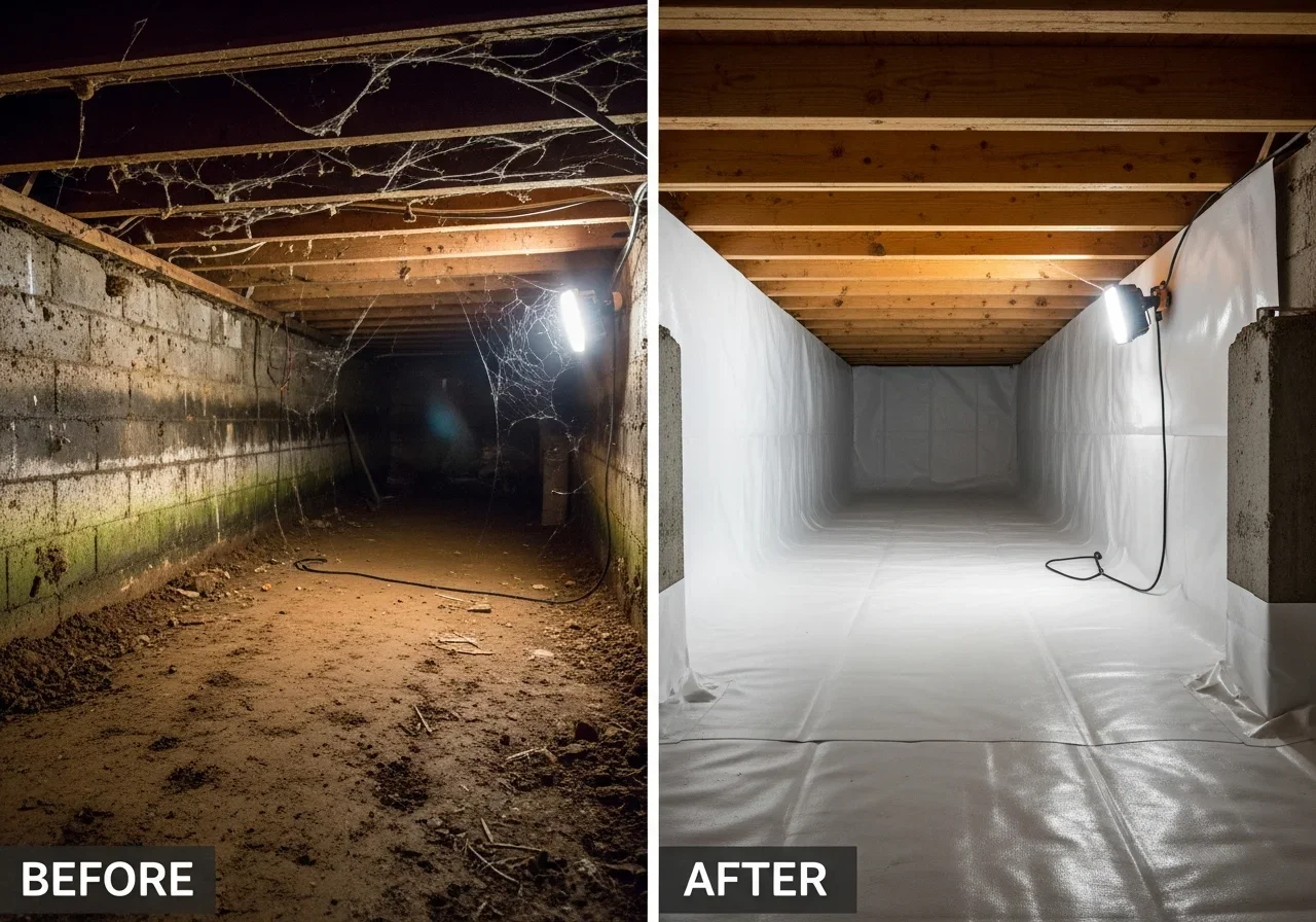 Clean encapsulated crawl space under Lincolnton NC home after Palm Build mold remediation with new vapor barrier