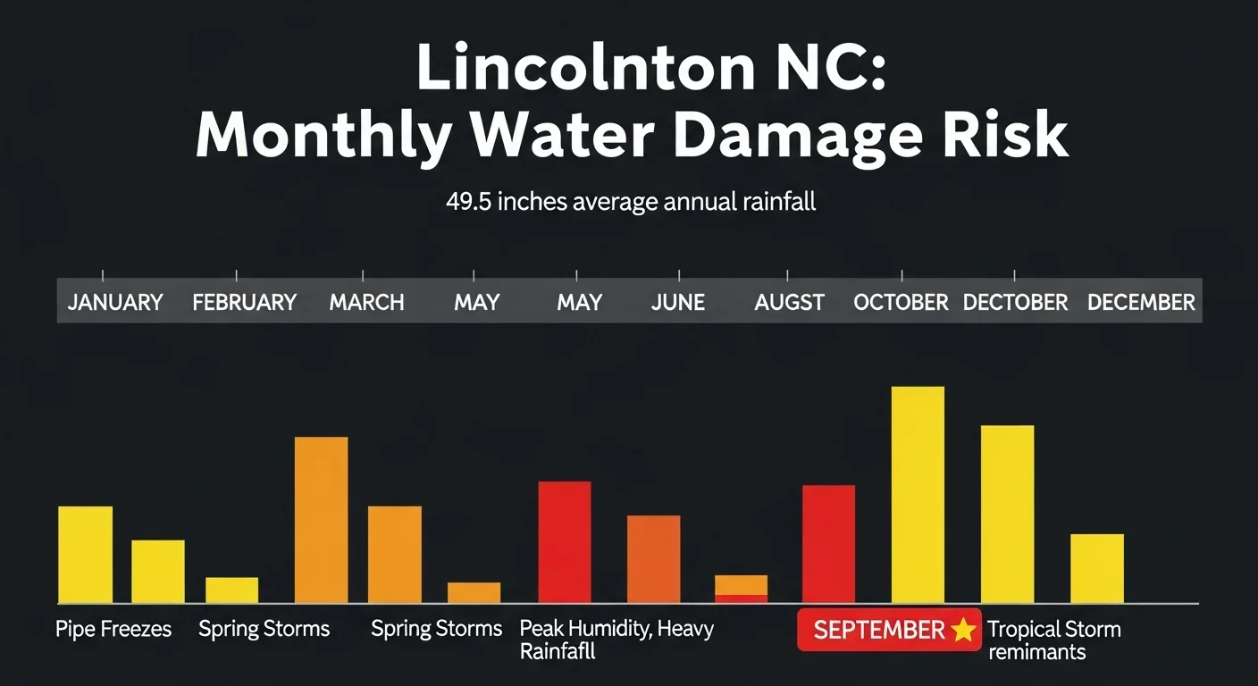 Lincolnton NC water damage risk by month infographic showing peak risk in summer and tropical storm season