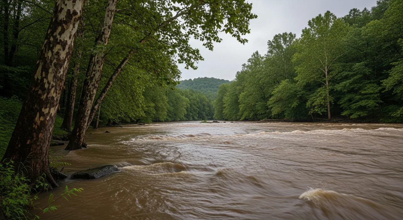 South Fork Catawba River near Lincolnton, North Carolina running high after heavy rainfall with forested banks and Piedmont landscape