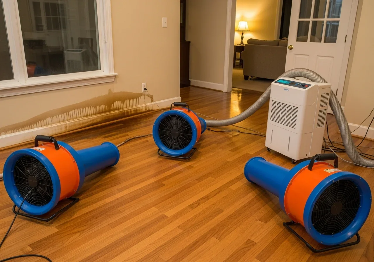 Industrial air movers and dehumidifiers running in a Lincolnton North Carolina home during structural drying after water damage