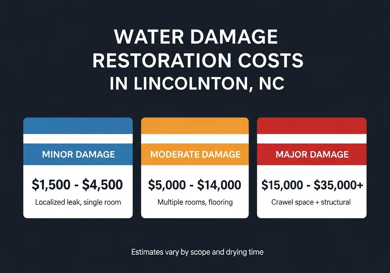 Water damage restoration cost ranges in Lincolnton NC infographic showing three tiers from minor to major damage