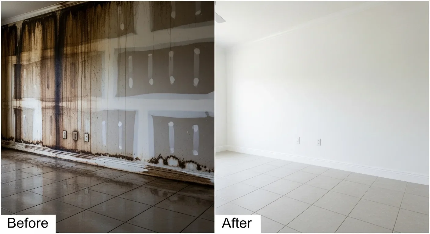 Before and after water-driven mold remediation in a Loxahatchee FL CBS stucco home