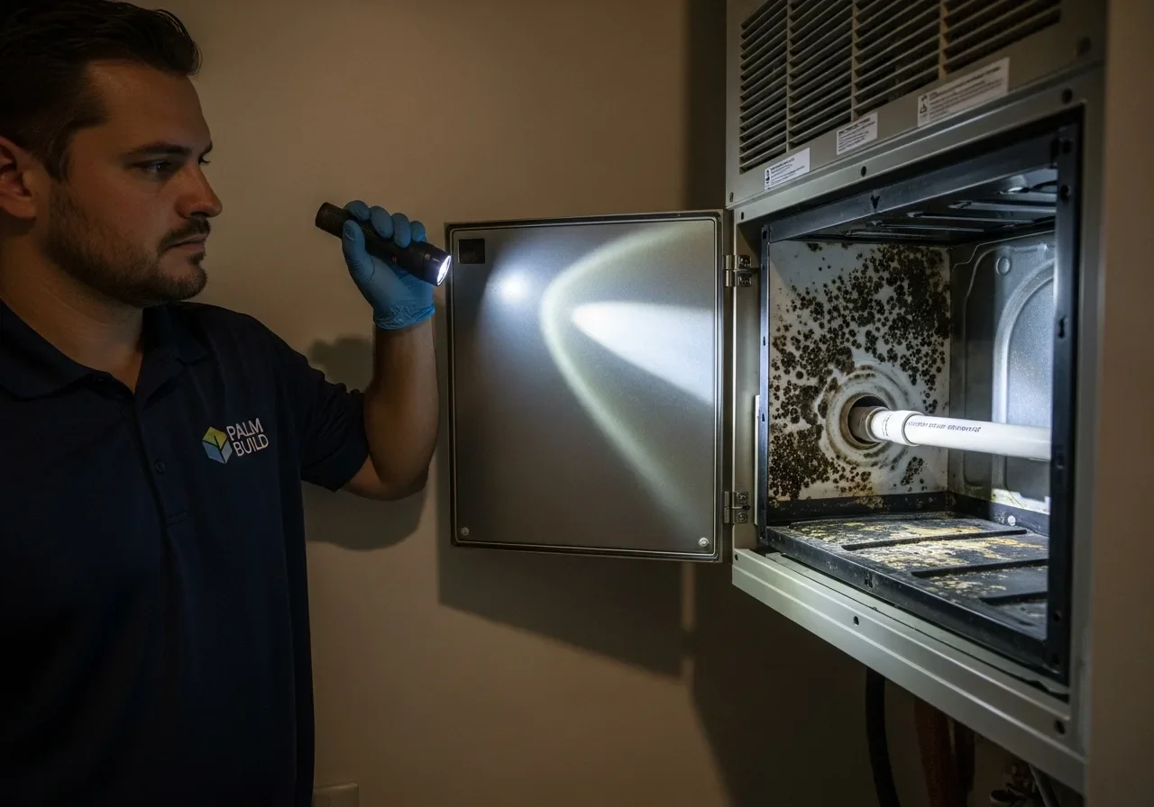 HVAC air handler inspection for mold in a Loxahatchee FL home — condensate drain line and overflow pan