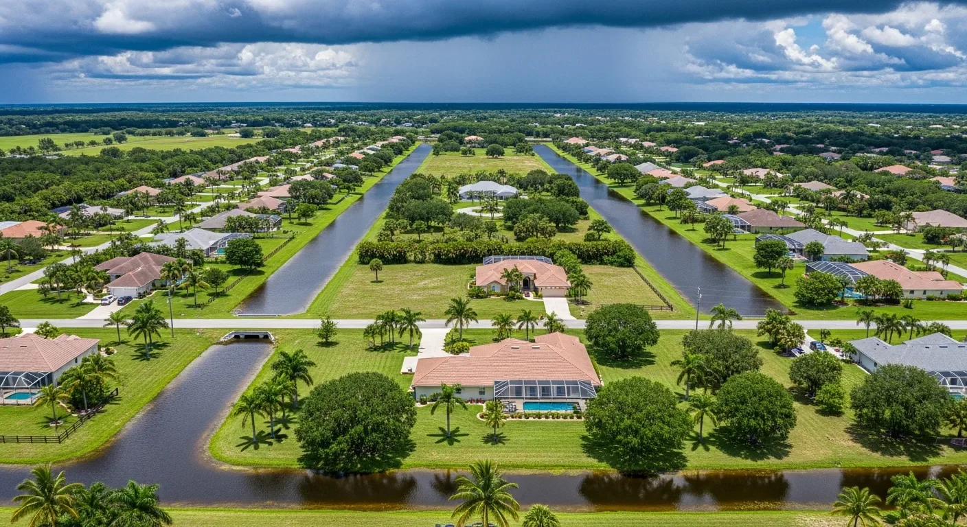 ITID canal drainage network in Loxahatchee Florida showing earthen canal channels running through The Acreage residential area in western Palm Beach County