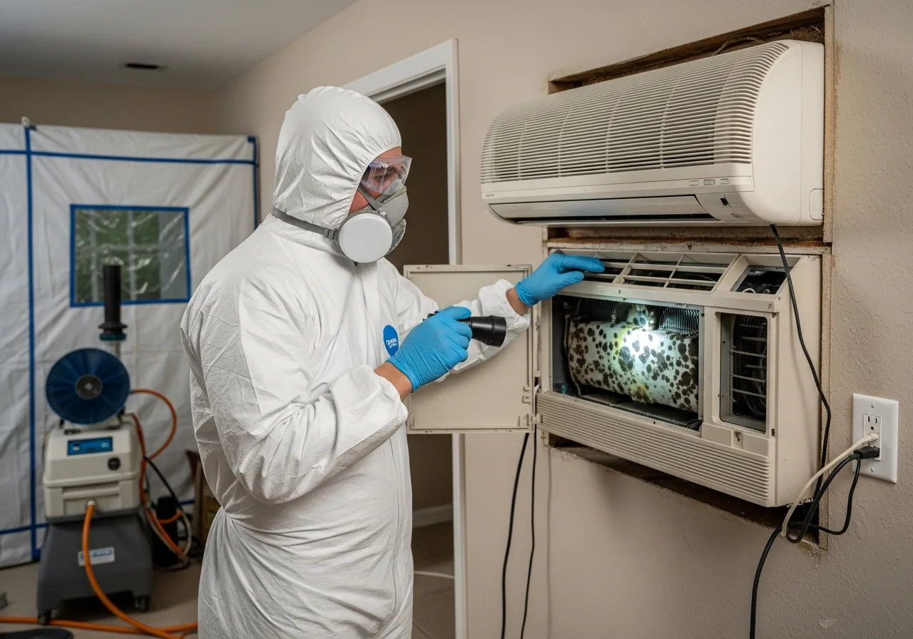 Palm Build DBPR-licensed mold remediation technician inspecting CBS stucco wall in a Loxahatchee, FL home with protective equipment