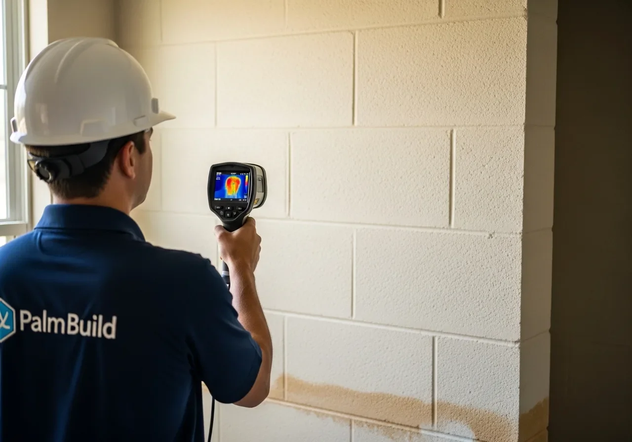 Palm Build IICRC technician using thermal imaging camera to detect hidden moisture inside a Loxahatchee Florida CBS home after water damage