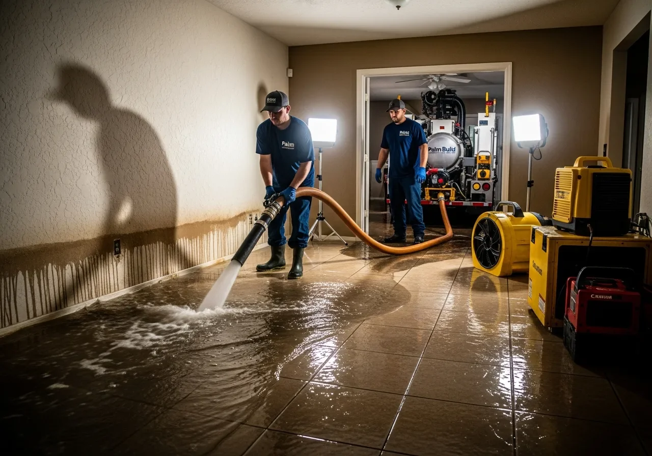 Palm Build technician operating truck-mounted water extraction equipment inside a Loxahatchee Florida home on tile flooring after water damage