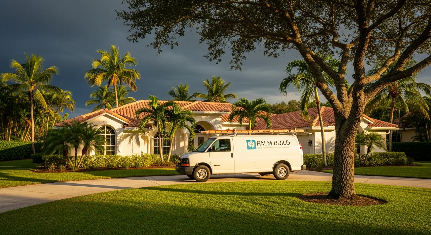 Palm Build water damage restoration van at a CBS stucco home with barrel tile roof in Loxahatchee, FL, with storm clouds building over tropical landscaping