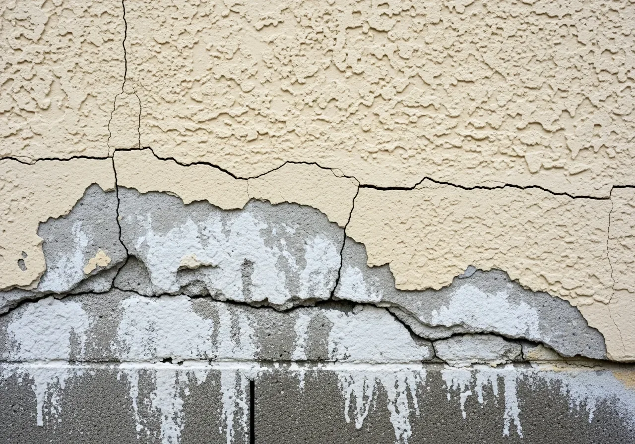 Water damage to CBS stucco construction in Loxahatchee Florida showing moisture intrusion through exterior wall and stucco crack infiltration