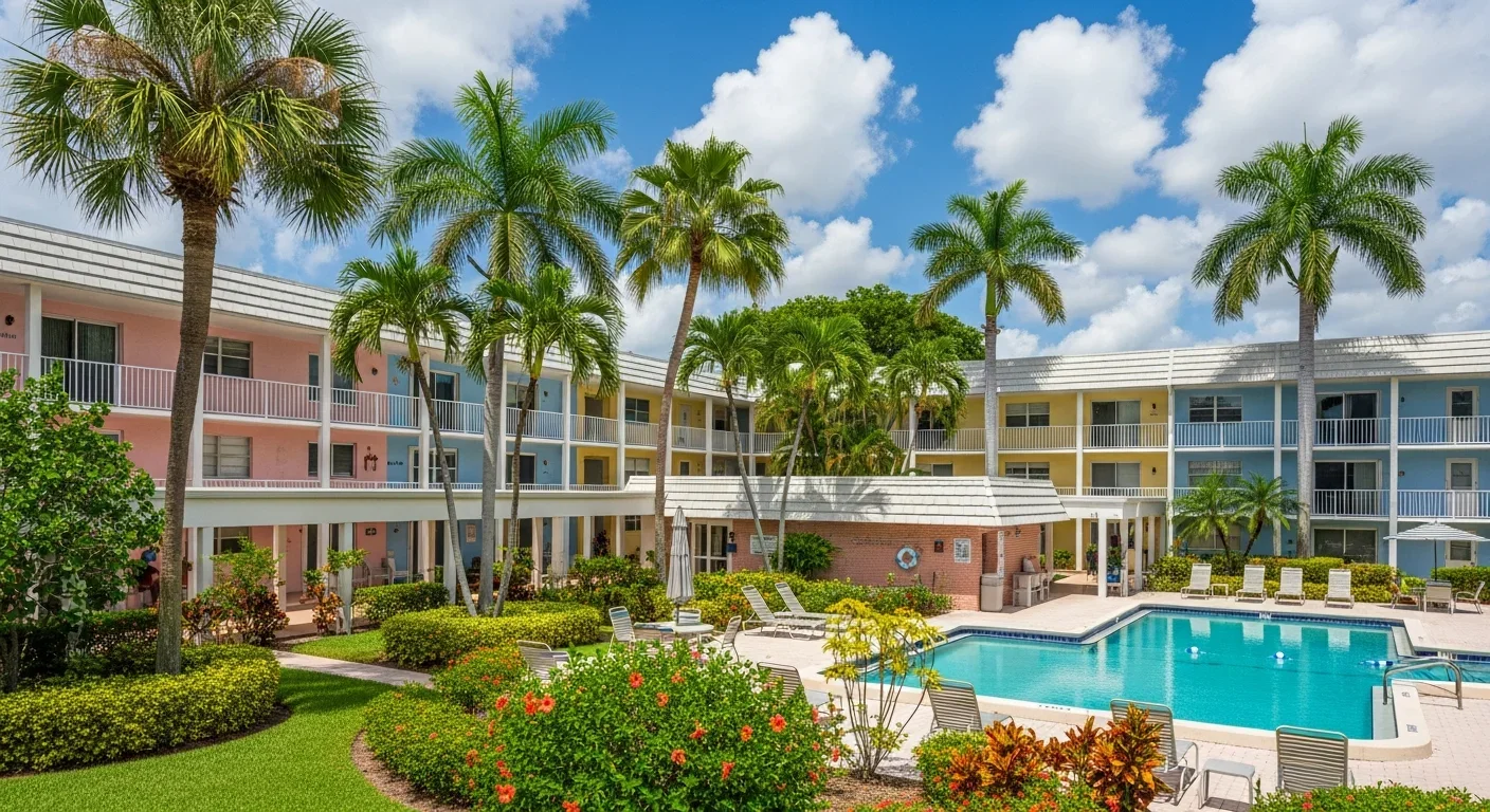 55+ condominium complex in Margate Florida showing low-rise HOA-governed condo buildings typical of Oriole Gardens and Paradise Gardens communities