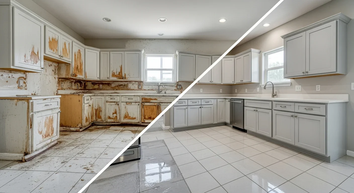 Before and after kitchen restoration and reconstruction at a Margate FL property showing CBS wall repair and modern finish installation